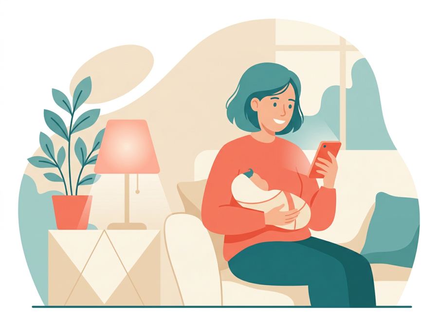 Ilustración de una madre con su bebé en brazos consultando el móvil en casa